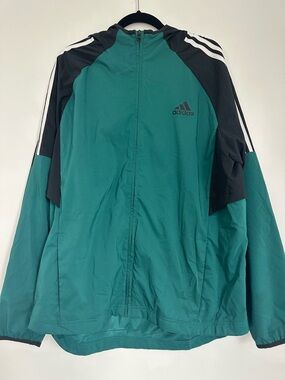 Adidas Lightweight Windbreaker Jacket Green Black Hooded Full Zip Men’s L